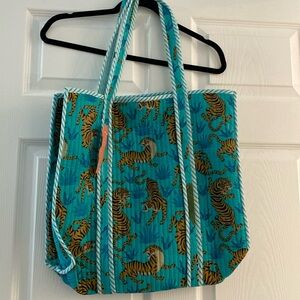 Turquoise Tiger print Quilted Cotton tote bag